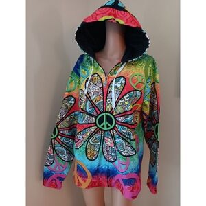 ZOOTOP BEAR Size Medium Hippy PEACE Unisex Hoodie Sweater Full Zip Rainbow Color